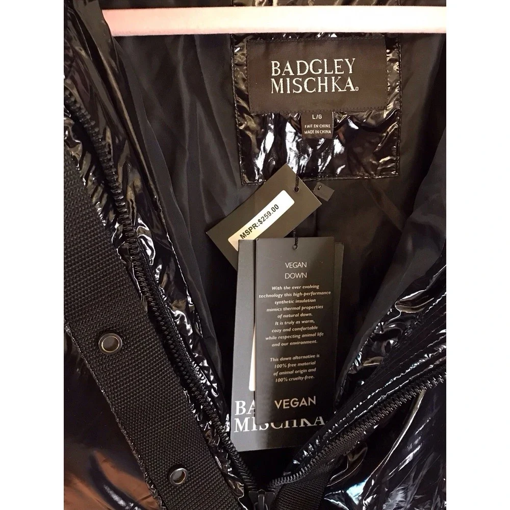 NWT Women BADGLEY MISCHKA‎ Roberta Coat Jacket Puffer Shiny Black  Vegan Down L